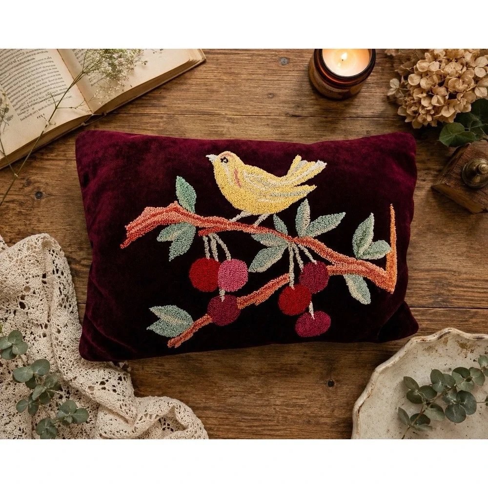 VTG Velvet Folk Art Pillow Punch Needle Embroidered Cherries Bird Cottagecore